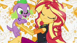 Size: 1920x1080 | Tagged: safe, screencap, spike, spike the regular dog, sunset shimmer, dog, better together, equestria girls, clothes, eyes closed, female, geode of empathy, jacket, leather jacket, magical geodes, male, paws, ponied up, smiling, spike's dog collar, theme song