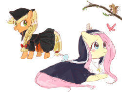 Size: 1200x900 | Tagged: safe, artist:weiliy, applejack, fluttershy, butterfly, earth pony, pegasus, pony, squirrel, blush sticker, blushing, clothes, cute, dress, duo, eye clipping through hair, female, flutternun, habit, hat, jackabetes, mare, nun, pixiv, shyabetes, simple background, smiling, white background