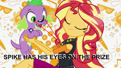 Size: 1920x1080 | Tagged: safe, edit, screencap, spike, spike the regular dog, sunset shimmer, dog, better together, equestria girls, clothes, eyes closed, eyes on the prize, female, geode of empathy, jacket, leather jacket, magical geodes, male, paws, ponied up, smiling, spike's dog collar, text, theme song