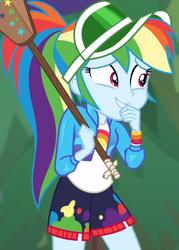 Size: 412x576 | Tagged: safe, derpibooru import, screencap, rainbow dash, better together, equestria girls, sunset's backstage pass!, accidental spanking, cap, clothes, cropped, cute, dashabetes, embarrassed, geode of super speed, grin, hat, jacket, magical geodes, paddle, rainbow, shirt, shorts, smiling, solo, sorry, t-shirt