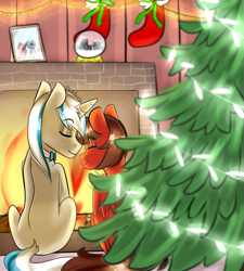 Size: 921x1024 | Tagged: safe, artist:kimkits25, artist:xiroshi_chan, oc, oc:cinnamon pop, oc:sekr gray, pegasus, pony, unicorn, bowtie, christmas, christmas tree, clothes, fireplace, holiday, picture frame, sekramon, shipping, snow globe, stockings, thigh highs, tree, ych result