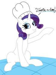 Size: 924x1244 | Tagged: safe, artist:rosequartz1, rarity, pony, unicorn, chef's hat, hat, sitting, solo, wat