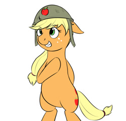 Size: 780x750 | Tagged: safe, artist:samofbob, applejack, earth pony, pony, bipedal, floppy ears, grin, helmet, how applejack won the war, simple background, solo