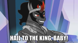 Size: 600x337 | Tagged: safe, derpibooru import, edit, edited screencap, screencap, king sombra, pony, unicorn, the beginning of the end, duke nukem, evil dead, impact font, lounging, male, solo, stallion, stupid sexy sombra