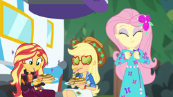 Size: 1600x900 | Tagged: safe, screencap, applejack, fluttershy, sunset shimmer, better together, choose your own ending, equestria girls, wake up!, wake up!: applejack, applejack's festival hat, applejack's sunglasses, cute, eating, flower, flower in hair, food, happy, pancakes, rv, shyabetes, syrup