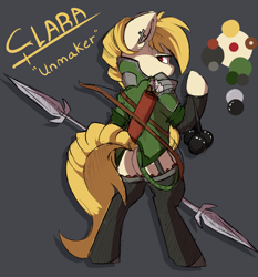 Size: 1694x1818 | Tagged: safe, artist:beardie, oc, oc only, oc:clara unmaker, pony, clothes, spear, stockings, thigh highs, weapon