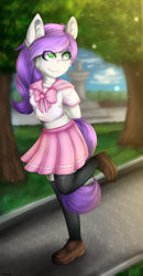 Size: 1344x2592 | Tagged: safe, artist:deraniel, oc, oc:lavender sunrise, anthro, anthro oc, clothes, cute, ear fluff, happy, outdoors, park, pleated skirt, sailor uniform, shoes, skirt, smiling, socks, solo, thigh highs, uniform, ych result