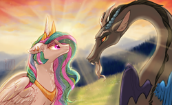 Size: 1132x692 | Tagged: safe, artist:butteredpawpcorn, discord, princess celestia, alicorn, pony, chest fluff, crepuscular rays, dislestia, ear piercing, earring, forest, grass, jewelry, looking at each other, male, piercing, shipping, straight