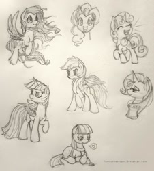 Size: 600x663 | Tagged: safe, artist:llamacheesecake, derpibooru import, boulder (pet), fluttershy, maud pie, pinkie pie, rainbow dash, rarity, sweetie belle, twilight sparkle, twilight sparkle (alicorn), alicorn, earth pony, pegasus, pony, unicorn, female, mare, monochrome, one hoof raised, open mouth, serious, serious face, sketch, sketch dump, smiling, traditional art