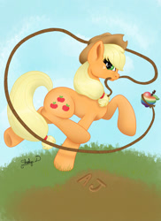 Size: 1024x1408 | Tagged: safe, artist:theluminescence, applejack, earth pony, pony, lasso, looking at you, mouth hold, rope, running, smiling, solo, underhoof, zap apple