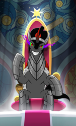 Size: 1080x1787 | Tagged: safe, derpibooru import, part of a series, part of a set, king sombra, pony, unicorn, the beginning of the end, april fools, evil grin, game of thrones, grin, instagram, male, s9 throne series, smiley face, smiling, smirk, solo, stallion, throne, throne room