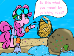 Size: 1024x768 | Tagged: safe, artist:radiancethecyberpony, pinkie pie, earth pony, pony, beach, net, ray (fish), solo