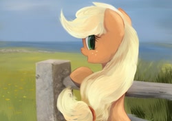 Size: 1422x1000 | Tagged: safe, artist:scootiebloom, applejack, earth pony, pony, fence, looking at you, looking back, rear view, solo