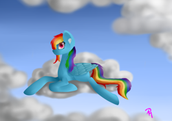 Size: 3496x2480 | Tagged: safe, artist:moon-wing, derpibooru import, rainbow dash, pegasus, pony, cloud, ear fluff, female, lying on a cloud, mare, solo