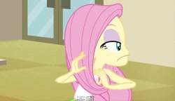 Size: 775x446 | Tagged: safe, screencap, fluttershy, equestria girls, clothes, female, pink hair, yellow skin