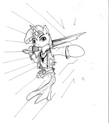 Size: 844x946 | Tagged: safe, artist:php64, derpibooru import, twilight sparkle, clothes, final fantasy, jacket, monochrome, solo, squall leonhart, sword, traditional art