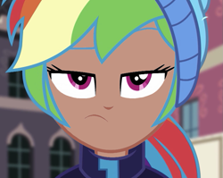 Size: 1041x827 | Tagged: safe, derpibooru import, edit, edited screencap, editor:michaelsety, screencap, rainbow dash, human, better together, equestria girls, holidays unwrapped, blizzard or bust, clothes, cropped, dark skin, eyestrain warning, holiday, human coloration, humanized, kotobukiya, kotobukiya rainbow dash, ponytail, rainbow dash is not amused, unamused, winter outfit