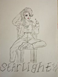 Size: 1544x2048 | Tagged: safe, artist:анна, starlight glimmer, human, candy, clothes, food, humanized, jacket, lipstick, looking at you, monochrome, one eye closed, sitting, solo, traditional art, wink