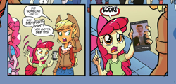 Size: 1038x499 | Tagged: safe, edit, idw, apple bloom, applejack, equestria girls, spoiler:comic, spoiler:comicholiday2014, apple bloom's phone, exploitable meme, meme, rick astley, rickroll