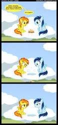 Size: 932x2014 | Tagged: dead source, safe, artist:veggie55, derpibooru import, soarin', spitfire, pegasus, pony, cloud, colt, comic, cutie mark, duo, female, filly, food, male, on a cloud, open mouth, pastry, pie, reality ensues, sad, sitting, sitting on cloud, speech bubble, spread wings, wings, younger