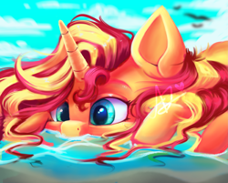 Size: 2577x2072 | Tagged: safe, artist:thewickedvix, sunset shimmer, pony, unicorn, cute, female, shimmerbetes, solo, water