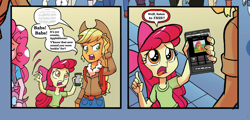 Size: 1038x499 | Tagged: safe, edit, idw, apple bloom, applejack, babs seed, pinkie pie, equestria girls, spoiler:comic, spoiler:comicholiday2014, apple bloom's phone, back to the future, exploitable meme, meme