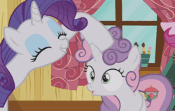 Size: 734x466 | Tagged: safe, screencap, rarity, sweetie belle, pony, unicorn, forever filly, animated, female, gif, noogie, sisters