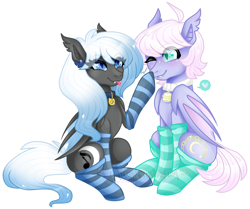 Size: 1732x1450 | Tagged: safe, artist:nekomellow, oc, oc only, oc:crescent charm, oc:moonlight melody, bat pony, pony, bell, bell collar, boop, clothes, collar, colorful, commission, cute, femboy, male, simple background, socks, stockings, striped socks, thigh highs, tongue out, transparent background