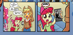 Size: 1038x499 | Tagged: safe, edit, idw, apple bloom, applejack, pinkie pie, equestria girls, spoiler:comic, spoiler:comicholiday2014, apple bloom's phone, five nights at freddy's, five nights at freddy's 2, idw advertisement, puppet