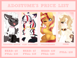 Size: 4000x3000 | Tagged: safe, artist:adostume, sunset shimmer, oc, pony, advertisement, commission, commissions sheet, price list, price sheet, prices