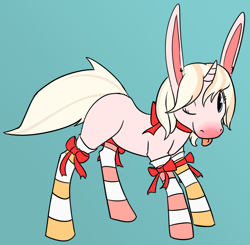 Size: 1106x1082 | Tagged: safe, artist:tempusfidgets, oc, oc only, oc:rabiesbun, pony, clothes, male, simple background, socks, solo, stockings, striped socks, thigh highs, tongue out, unicorn rabbit