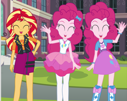 Size: 1344x1076 | Tagged: safe, artist:mlp-silver-quill, pinkie pie, sunset shimmer, comic:pinkie pie says goodnight, better together, equestria girls, cropped, cute, duality, geode of empathy, geode of sugar bombs, magical geodes, self paradox, trio, waving