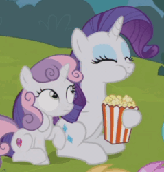 Size: 385x403 | Tagged: safe, screencap, rarity, sweetie belle, pony, unicorn, forever filly, animated, chewing, cropped, eating, food, gif, popcorn