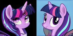 Size: 2048x1024 | Tagged: safe, artist:thisponydoesnotexist, starlight glimmer, twilight sparkle, pony, alternate hairstyle, artificial intelligence, bust, face blindness, neural network, portrait, prosopagnosia