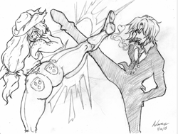 Size: 1060x800 | Tagged: safe, artist:irie-mangastudios, applejack, human, applebucking thighs, applebutt, ass, cigarette, crossover, evenly matched, humanized, kicking, monochrome, one piece, pencil drawing, pirate, smoking, traditional art, vinsmoke sanji