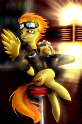 Size: 853x1280 | Tagged: safe, artist:tzelly-el, derpibooru import, spitfire, pegasus, pony, bar, bomber jacket, cider, clothes, female, goggles, jacket, mare, sitting, solo