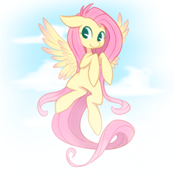 Size: 1280x1280 | Tagged: safe, artist:ninidoodles, fluttershy, pegasus, pony, floppy ears, flying, looking sideways, sky, smiling, solo, spread wings, wings