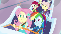 Size: 1920x1080 | Tagged: safe, derpibooru import, screencap, apple rose, fluttershy, rainbow dash, roseluck, track starr, better together, equestria girls, rollercoaster of friendship, geode of fauna, geode of super speed, magical geodes, roller coaster