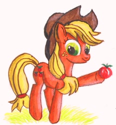 Size: 768x825 | Tagged: safe, artist:anna-krylova, applejack, earth pony, pony, apple, hoof hold, solo, traditional art