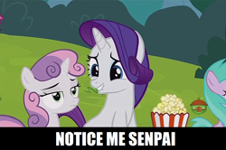 Size: 1276x846 | Tagged: safe, edit, edited screencap, screencap, aura (character), rarity, sweetie belle, pony, unicorn, forever filly, lip bite, senpai