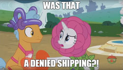 Size: 875x500 | Tagged: safe, edit, edited screencap, screencap, rarity, twisty pop, pony, unicorn, forever filly, balloon, flower costume, flowerity, heart balloon, image macro, meme, shipping denied