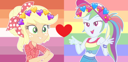 Size: 2156x1040 | Tagged: artist needed, safe, derpibooru import, edit, applejack, rainbow dash, better together, equestria girls, five to nine, spring breakdown, appledash, female, geode of super strength, lesbian, magical geodes, shipping, shipping domino, voice actor joke