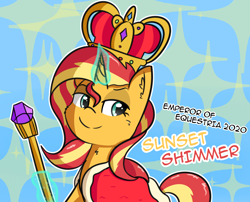 Size: 1988x1606 | Tagged: safe, artist:artiks, sunset shimmer, pony, unicorn, atg 2019, cape, clothes, crown, female, jewelry, levitation, magic, mare, newbie artist training grounds, regalia, simple background, smug, solo, staff, telekinesis