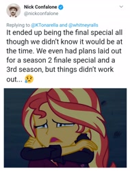 Size: 3106x4096 | Tagged: safe, sunset shimmer, better together, equestria girls, sunset's backstage pass!, crying, meta, nick confalone, sad, sunsad shimmer, text, the end of equestria girls, twitter