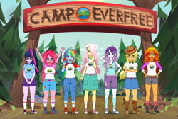 Size: 2035x1365 | Tagged: safe, artist:the_real_me, applejack, fluttershy, pinkie pie, rainbow dash, rarity, sci-twi, sunset shimmer, twilight sparkle, equestria girls, legend of everfree, boots, camp everfree, camp everfree logo, camp everfree outfits, camper, clothes, converse, cowboy boots, cowboy hat, curly hair, hair over one eye, hat, humane five, humane seven, humane six, kisekae, ponytail, shirt, shoes, shorts, sneakers, socks, t-shirt