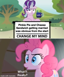 Size: 1000x1200 | Tagged: safe, edit, edited screencap, screencap, cheese sandwich, pinkie pie, starlight glimmer, earth pony, pony, unicorn, party of one, :i, :o, bush, change my mind, cheesepie, chocolate, cup, female, flower, food, funny, glowing horn, horn, hot chocolate, i mean i see, levitation, magic, male, mare, mematic, meme, mug, multicolored mane, open mouth, pink coat, reaction image, shipping, sign, signature, sitting, straight, table, telekinesis, text, tree, wtf