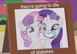 Size: 771x540 | Tagged: safe, edit, edited screencap, editor:potato22, screencap, rarity, sweetie belle, pony, unicorn, forever filly, cute, diabetes, diasweetes, dying, photo, picture frame, raribetes, sisters, smiling, text