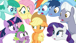 Size: 1191x670 | Tagged: safe, artist:itv-canterlot, derpibooru import, applejack, blues, fluttershy, noteworthy, rainbow dash, rarity, royal riff, spike, spring melody, sprinkle medley, twilight sparkle, twilight sparkle (alicorn), alicorn, dragon, earth pony, pegasus, pony, unicorn, the mane attraction, female, flying, gasp, hooves on mouth, male, mare, open mouth, shocked, simple background, stallion, transparent background, vector, wide eyes