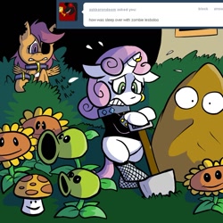 Size: 1067x1067 | Tagged: safe, artist:pembroke, scootaloo, sweetie belle, zombie, ask meanie belle, lesboloo, meanie belle, peashooter, plant, plants vs zombies, shovel, sun-shroom, sunflower, tall-nut