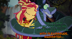 Size: 1340x730 | Tagged: safe, artist:snakeythingy, sunset shimmer, dance magic, equestria girls, spoiler:eqg specials, asia, bracelet, crossover, dancing, eyes closed, flamenco, india, jewelry, jungle, kaa, massage, master, mind control, peril, ponied up, ponytail, slavery, solo, story included, text, the jungle book